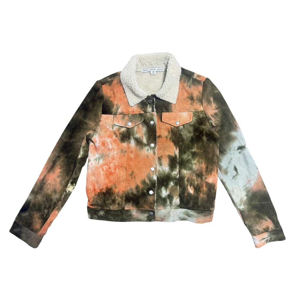 HYFVE Jacket Womens Medium Multicolor Tie Dye‎ Corduroy Sherpa Lined Snap Front